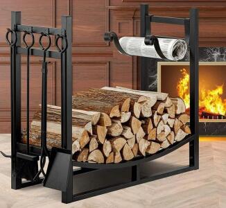 Amagabeli 30.7&rdquo; Large Wrought Iron Firewood Rack W/ Fireplace Tools Set