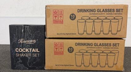 BRAND NEW PRODUCTS!! (2) Drinking Glasses Set Of 10 And (1) Kitessensu Cocktail Shaker Set!!