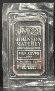 Johnson Matthey 1 Ounce Troy Silver Bar, .999 Fine, Serial B272225