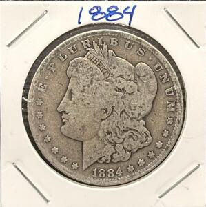 1884 Morgan Silver Dollar Coin, No Mint Mark, Lady Liberty, Eagle Design