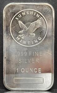 Sunshine Minting 1 Ounce .999 Fine Silver Bullion Bar