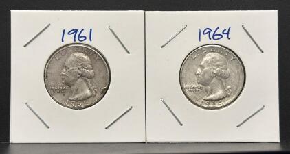 1961 & 1964 Washington Silver Quarters, 90% Silver, US Mint