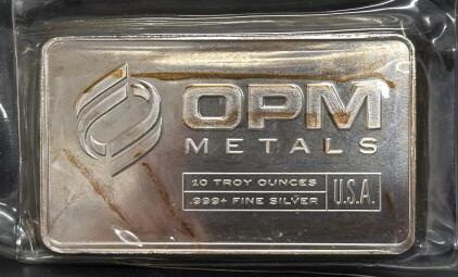 OPM Metals 10 Troy Ounce Silver Bullion Bar .999+ Fine Silver USA