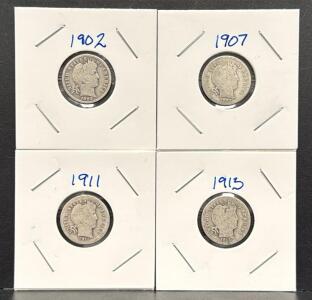 United States Barber Dime Set, 1902, 1907, 1911, 1913, 90% Silver
