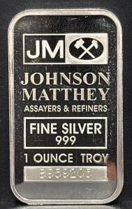 Johnson Matthey 1 oz Troy Silver Bullion Bar, Serial B959205, 999 Fine Silver