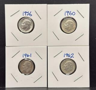 1956, 1960, 1961, 1962 Roosevelt Dimes, Silver Composition, U.S. Mint