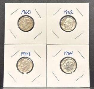 (4) 1960, 1962, 1964 U.S. Roosevelt Dimes, 90% Silver, No Mint Mark