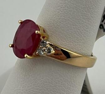 Ruby Corundum and Diamond Ring, 3.11 ctw Ruby, Sterling Silver Gold Overlay