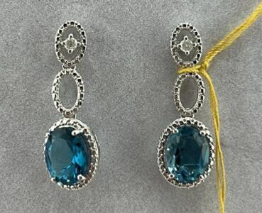 Blue Topaz and Diamond Sterling Silver Earrings, 4.57 Carats, Serial K22-E6/B51725-04