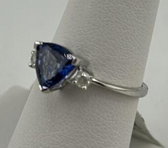 Tanzanite Zoisite Ring, Trillion Cut, 925 Sterling Silver, Natural Diamonds