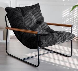 Modern Curved Accent Chair &mdash; Metal Frame, Wood Armrests, Black