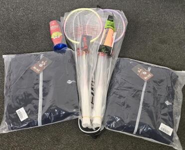 Woed Badmitton Racket Set; (2) Risk Role 2-Piece Track Suits Size XL Royal Blue