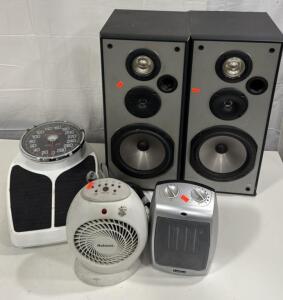 (2) Pioneer S-H253B-K Speakers , (2) Small Personal Space Heaters ,(1) Health o Meter Scale