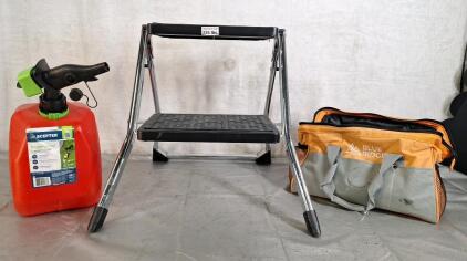 (1) Foldable Step Stool, (1) 2-Gallon Plastic Gas Container & (1) Soft Toolbag
