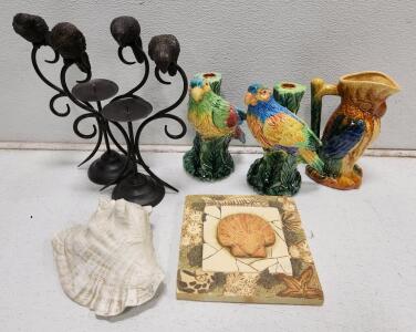 (1) Vintage Majolica Parrot Pitcher (2) Mid-Century Vintage Pottery Ceramic Parrot Candle Holder (2) Metal Black Brown Bird Parrot Pillar Candle Holder And More