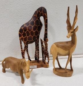 (3) Assorted Wildlife Kenyan Hand Crafted Wood Figurines