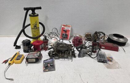 (1) Carter AFB 4-barrel carburetor (1) Kohree 12-Way 12V Blade Automotive Fuse Block Holder Waterproof (1) Klein Tools VDV500-705 Tone and Probe Tester and Tracer Kit DLH 1.5 Amp Fully Automatic 12 Volt Battery Charger & Tester and Assorted Scrap