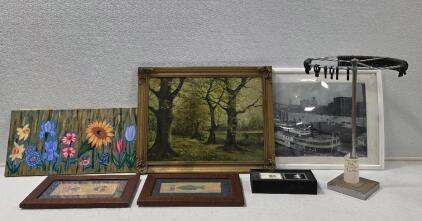 (1) Vintage N.B. 1930's Colored Landscape Print of Duck Hunter 25.5 x 19.5" (1) Photo of Mongongahela Wharf Around the Turn of the Century, 25" x 19" (2) Vulo Art likely from a Pacific Island 16" x 10.5" (See photos for more information)