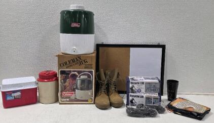 (1) Vintage Coleman Snow Lite 3 Gallon Jug Green~Water Cooler 5503B700 (2) Bicycle Lift Garage Pulley System (1) Vintage Pizza Hut Logo 1/2 Gallon Thermos Cooler Jug, Gott 1502 w/ Lid 1980s (1) SPE1C1-17-D-1004 Hot Weather Army Combat Boots Coyote Men's s