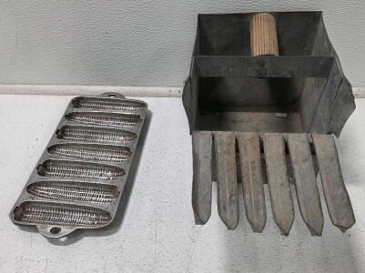 (1) Vintage Wagner Cast Iron Krusty Korn Kob Corn Cob Tray (1) Metal Cranberry Rake Antique Small 5&rdquo; x 6&rdquo; x 9&rdquo;
