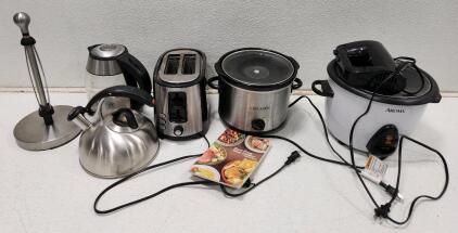 (1) Aroma 6-Cup Pot-Style Rice Cooker And Food Steamer (1) Crock-Pot Brand Slow Cooker (1) Hamilton Beach 2-Slice Toaster With Extra-Wide Slots And More