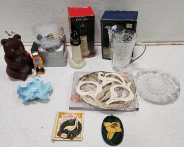 (1) Home Beautiful Crystal Rose Pearls Heart Box (1) Vintage Zajecar 24% Lead Crystal Pitcher (1) Vintage Old Spice Lighthouse Aftershave Decanter And More