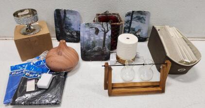 (3) 1996 Bradford Exchange Natures Harmony Porcelain Collectible plates by artist Daniel Smith (1) Wood-Grain Teardrop Ultrasonic Essential Oil Diffuser (1) Bath & Body Works Silver Gem Pearls Pedestal 3-Wick Candle Holder And More