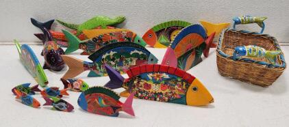 (13) Hand-Carved Hand-Painted Wooden Mexican Folk Art Fish Collectibles (1) Round Wicker Basket with Ceramic Fish Handles