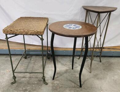 (1) Round Wood Top Mosaic Style Inlay Accent Table (1) Iron And Wood Style Triangular Side Accent Table (1) All-Weather Wicker Side Table With Metal Legs