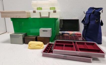 (2) Certified Coin Slab Display Case (1) Vintage Floral Fabric-Covered Jewelry Box (4) File Car Storage Containers And More