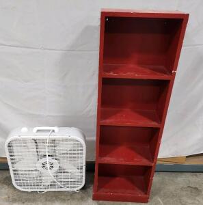 (1) Lasko 20-inch 3-Speed Air Circulating Box Fan (1) 48 1/2" x 15 1/2" x 7" Narrow Red Wood Bookshelf