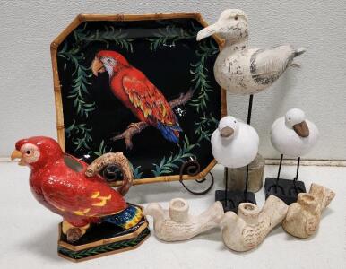 (1) Raymond Waites Hand Painted Serving Tray Platter (1) Raymond Waites Veramic Parrot Pitcher (3) Vintage Folk Art Pottery Bird Candle Holder And More