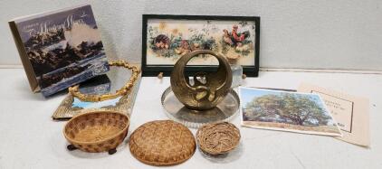 (1) Vintage Brass Swan Planter (1) Framed Chicken Farmyard Hanging Rack (1) Tinned Steel Tart Pan And More