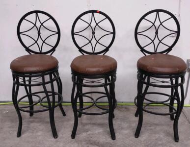 Set of 3 Black Metal Bar Stools with Decorative Backrest and Brown Seats