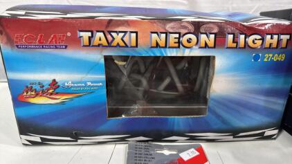 Assorted Aftermarket Car Accessories- Neon Taxi Light , Indigo Racing Gauges, Fake. Ar Phone Antenna & Brake Light