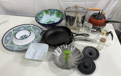 Lot Of Assorted Kitchen Items - Cast Iron Pan , Oster Electric Fondue Pot , Stove Pop Corn Pot & More