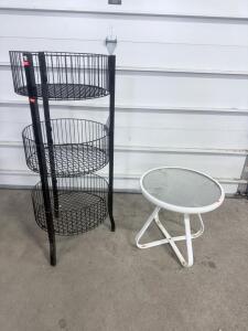 Patio Side Table & 3-Tier Metal Wire Shelf, White & Black, Round Glass Top