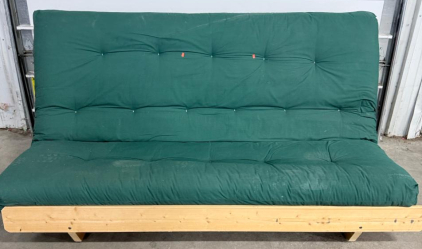 Green Futon Sofa Bed, Wood Frame, Convertible Design
