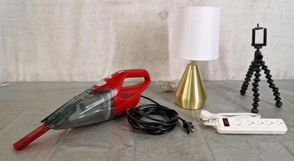 (1) Dirt Devil Scorpion Hand Held Electric Vacuum, (1) 15" Deks Lamp, (1) Power Strip & (1) Cell Phone Tripod