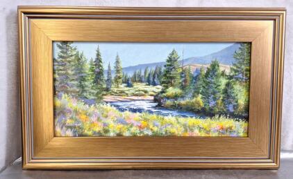 (1) Piece Of Framed Wall Art By Artist Laurie Asahara<br/>Title: Big Wood River<br/>Medium: Gouache<br/>8" x 16", Frame 21" X 13"
