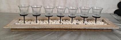 (1) 7-Light Glass & Wood Tabletop Candle Holder