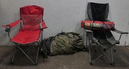 (1) 3-person, 7' x 6' Dome Tent (2) Folding Camp Chairs, 1 red, 1 Black and Gray (1) Tent with Rainfly, unknown size