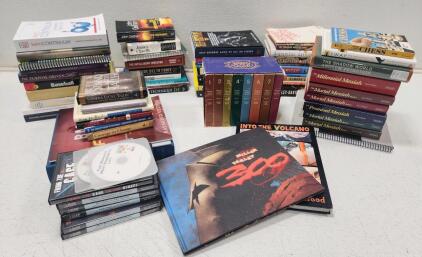 (69) Assorted Hardcover And Paperback Books (8) Assorted DVDs (2) HDX 27-Gallon Tough Storage Totes W/ Red Lids