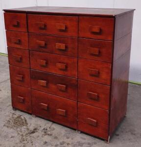 Mid-20th Century Wooden Chest of Drawers, 15 Drawers, Reddish-Brown Finish