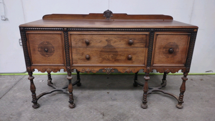 Edwardian Wooden Sideboard Buffet, Ornate Carvings, Early 20th Century- Dimensions: Estimated 60" W x 20" D x 40" H (152 cm x 51 cm x 102 cm)