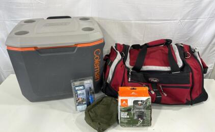 (1) Cal Pak Travel Bag , Coleman 50Qrt Cooler Missing Wheels , 5 Gallon Solar Shower , Mini Water Filtration System, Cordura Trail Bag