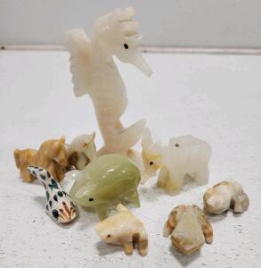 (1) Hand-Carved Onyx Seahorse Figurine (1) Miniature Hand-Painted Ceramic Fish Figurine (7) Assorted Hand Carved Onyx Animal Figurinea