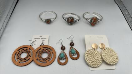 (3) Cuff Bracelet & (3) Pair Of Wooden Earrings