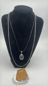 Stamped .925 Silver Necklace , Pair Of Hoop Earrings, Necklace W/ Clear Pendant