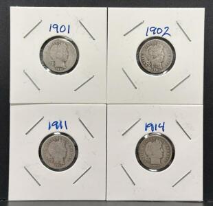 Barber Dime Coin Set, 1901, 1902, 1911, 1914, Silver Composition, USA
